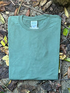 Organic cotton Green t-shirt on a ground surface with leaves and twigs