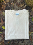 Organi cotton natural White t-shirt on a ground surface with leaves