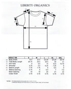 Liberty Organics t-shirt size chart with measurements on a white background
