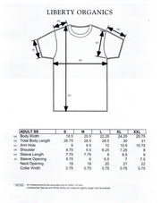 Liberty Organics t-shirt size chart with measurements on a white background