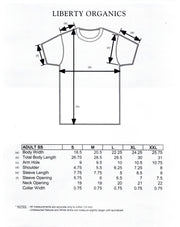 Measurement chart for Liberty Organics t-shirts with size chart and dimensions.